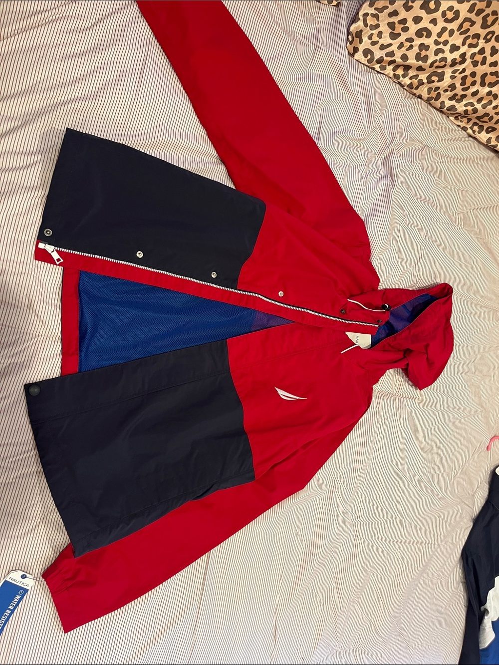 Nautica Red and Navy Colorblock Hooded Windbreaker Jacket